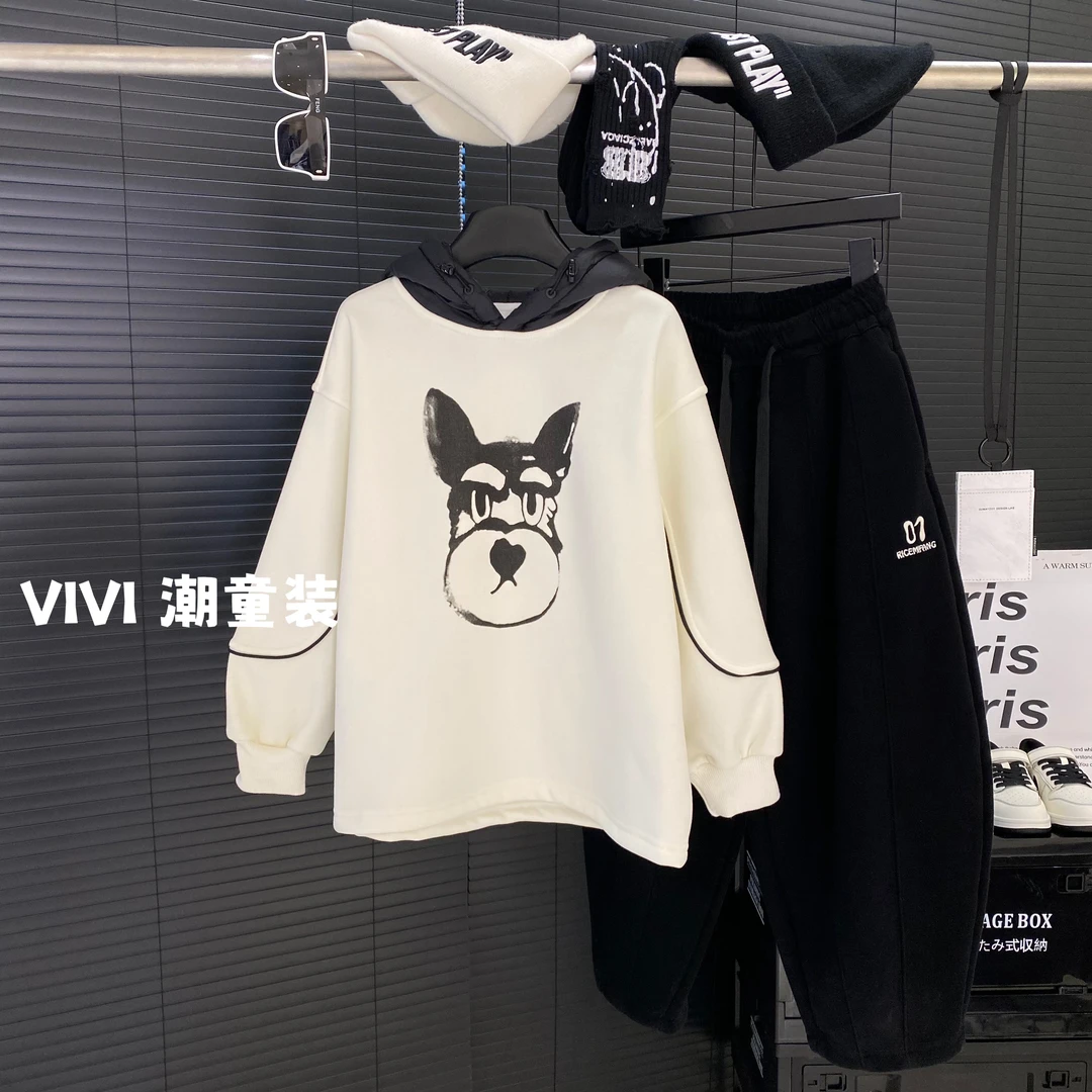 VIVI童装宽松冬款潮流中大童时尚呆萌狗狗加绒连帽卫衣上衣休闲