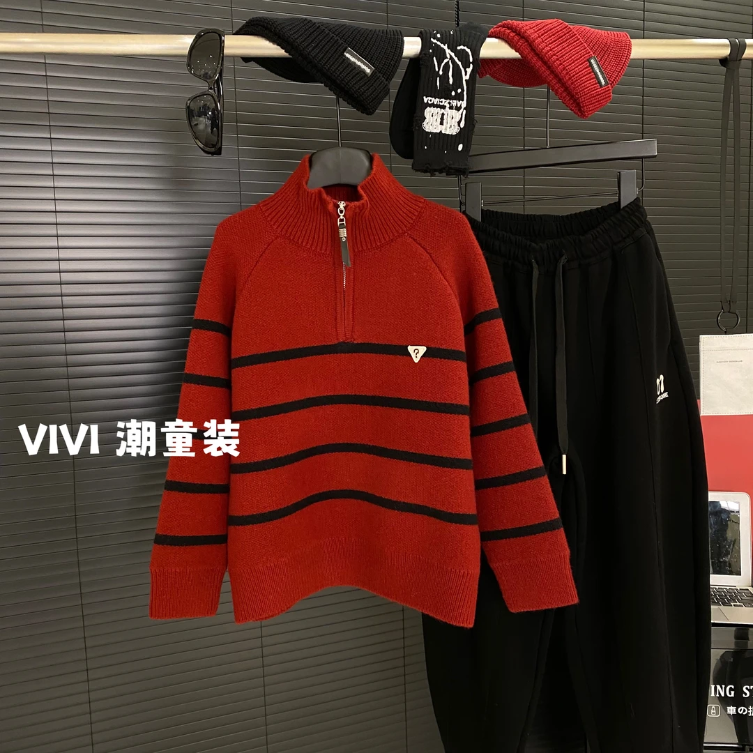 现货VIVI童装 冬款潮流中大童时尚洋气新年红立领厚实条纹毛衣