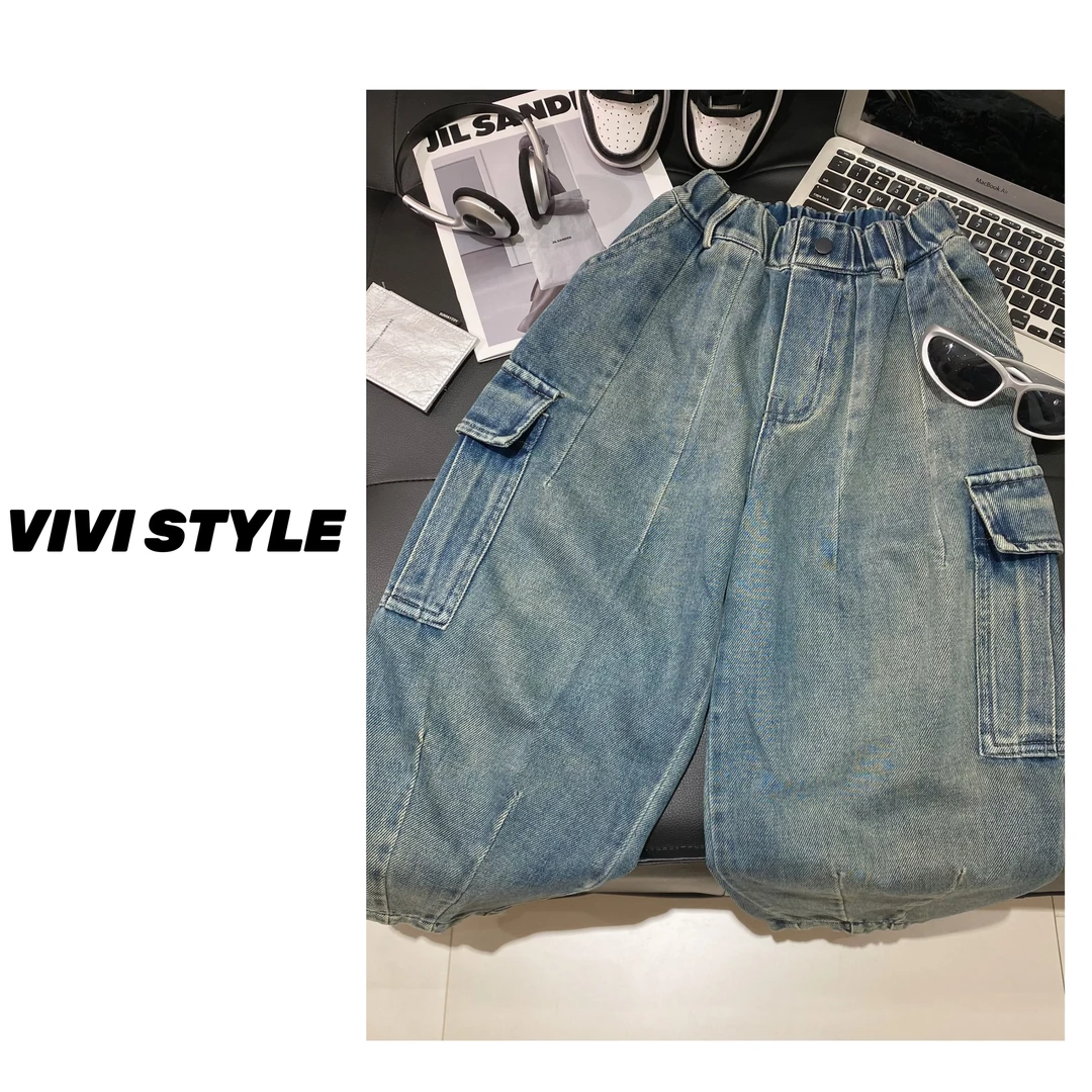 VIVI童装 【牛仔很忙】秋款潮酷时尚休闲水洗柔软口袋牛仔长裤