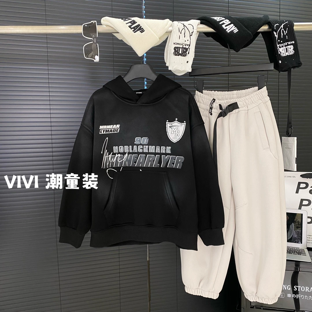 VIVI童装 冬款潮流中大童高街酷炫复古印花连帽加绒卫衣