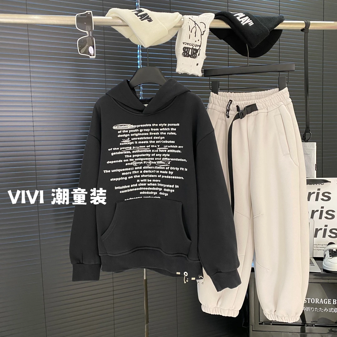 VIVI运动童装ins冬款时尚百搭潮流中大童复古印花连帽加绒卫衣