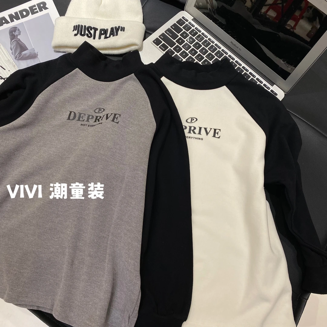 VIVI童装 冬款潮流中大童半高领拼接袖印花字母慕斯绒长袖T恤