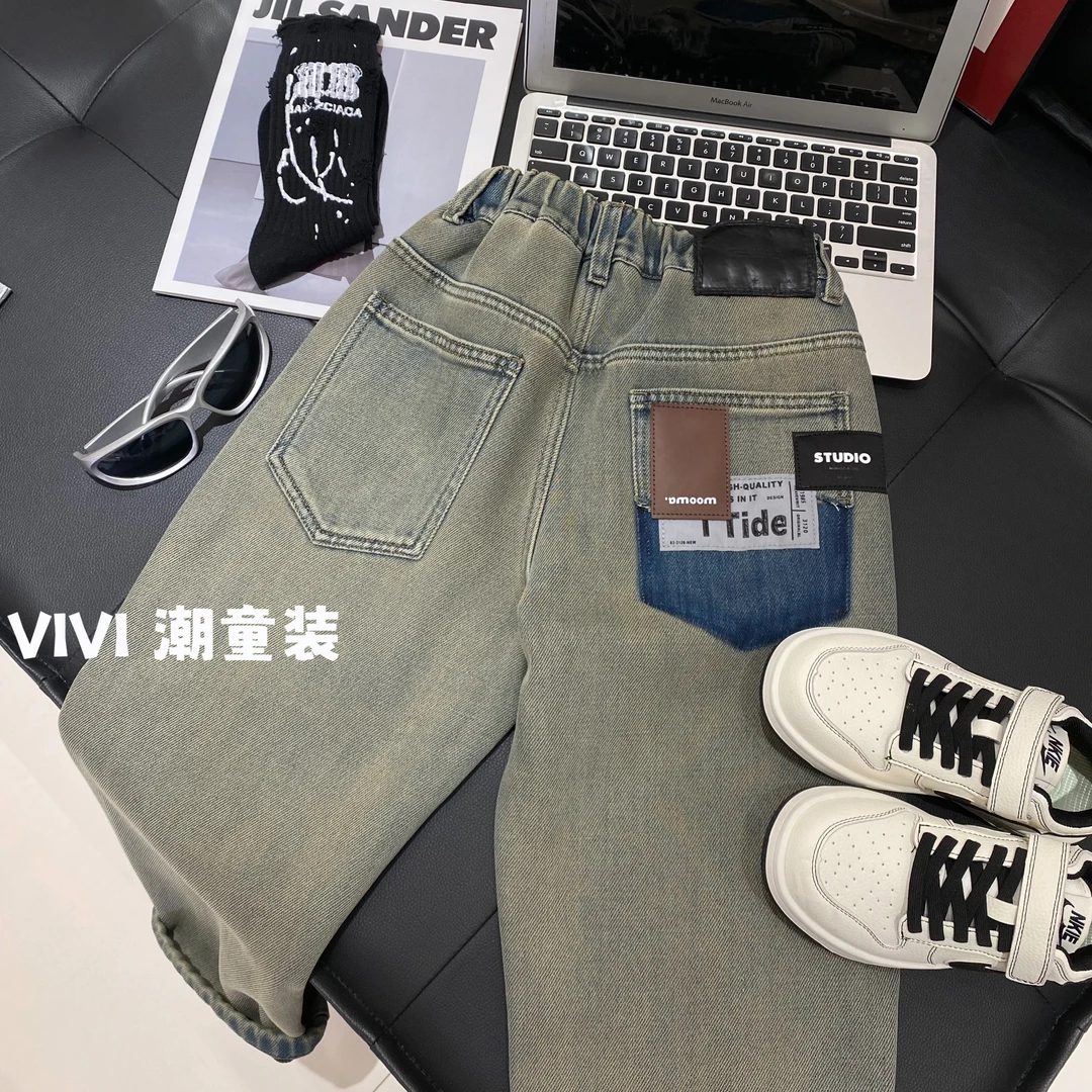 VIVI童装【牛仔很忙】冬款潮流中大童百搭水洗柔软贴布加绒牛仔长裤