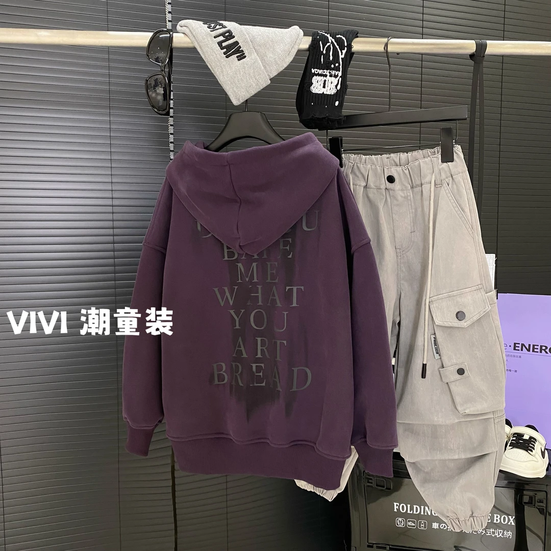 VIVI童装 紫色水晶 秋冬潮流时尚中大童印花字母渐变加绒连帽卫衣