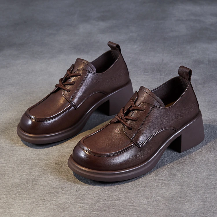 万达撤柜头层牛皮2025年秋季新款真皮粗跟单鞋舒适黑色通勤鞋厚底