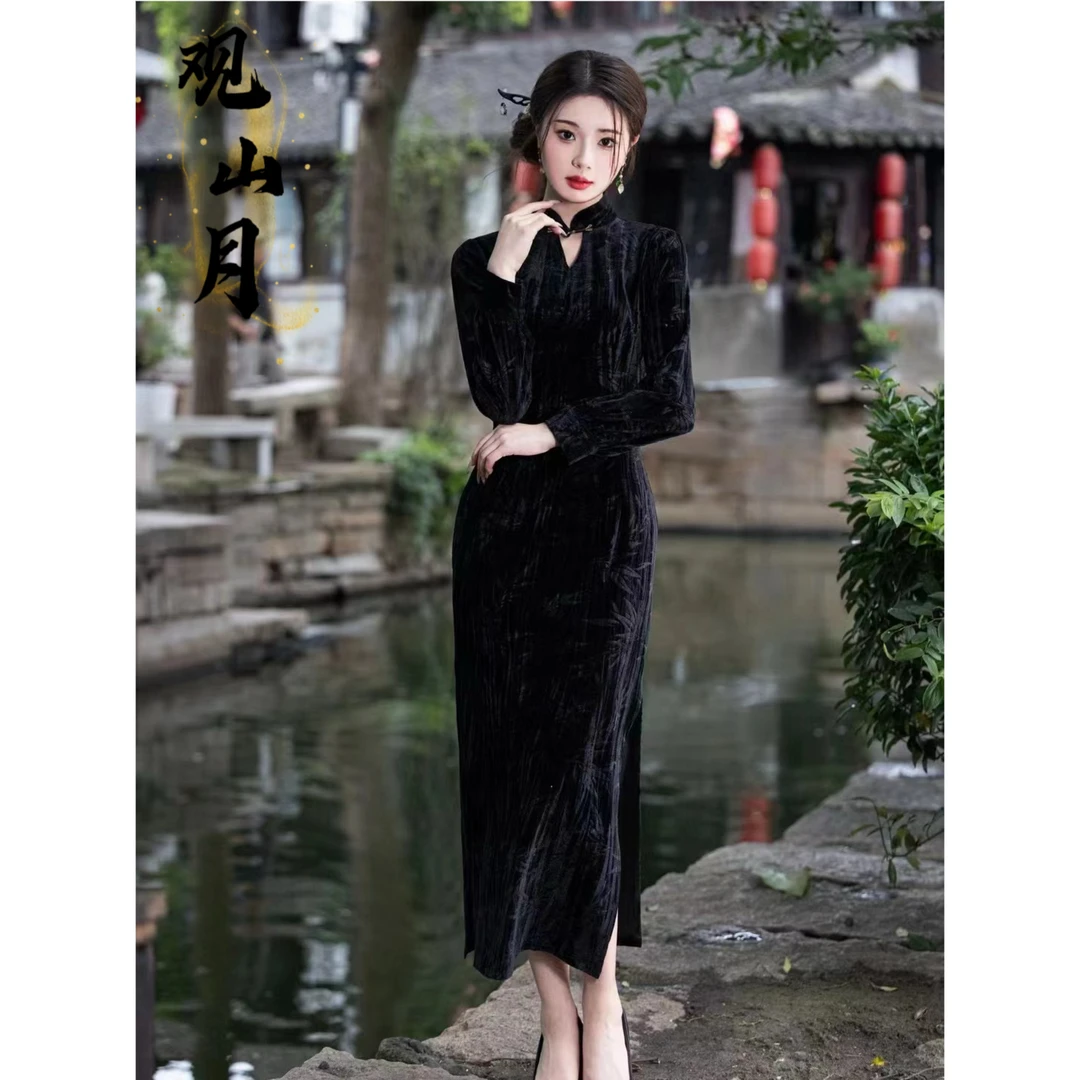 观山月【春烟拂柳】新款长袖有弹性气质旗袍裙 S-3XL
