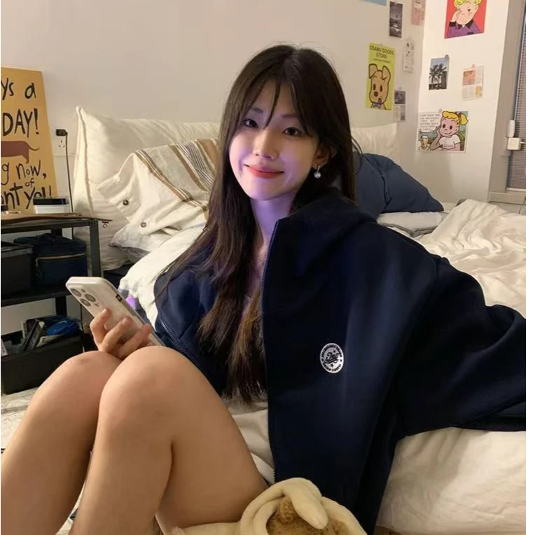 开衫女卫衣美式复古学院刺绣徽章连帽新款宽松情侣休闲外套