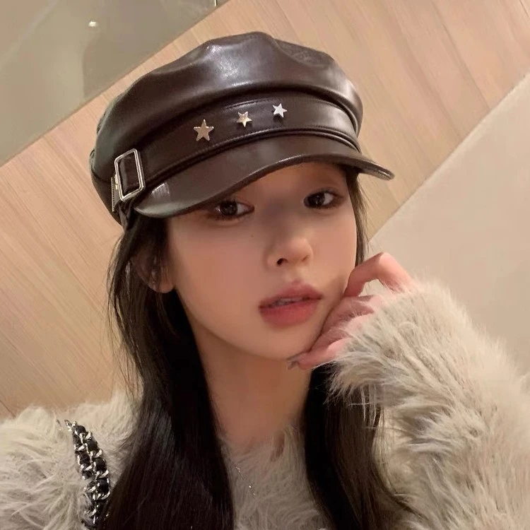 秋冬pu皮质贝雷帽女英伦复古星星百搭显脸小平顶帽时尚休闲八角帽