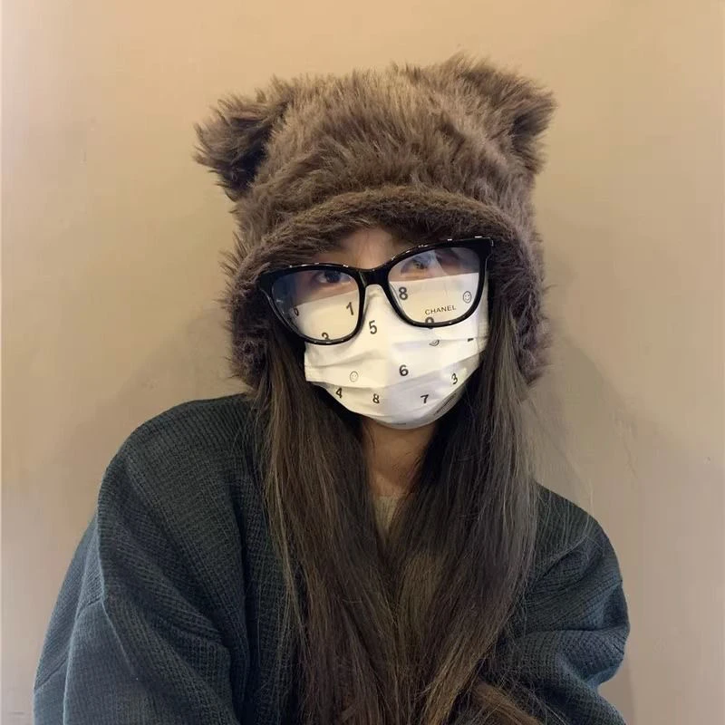 帽子网红百搭学生毛绒日系秋冬保暖时尚纯色小熊卡通绒毛雷锋帽潮