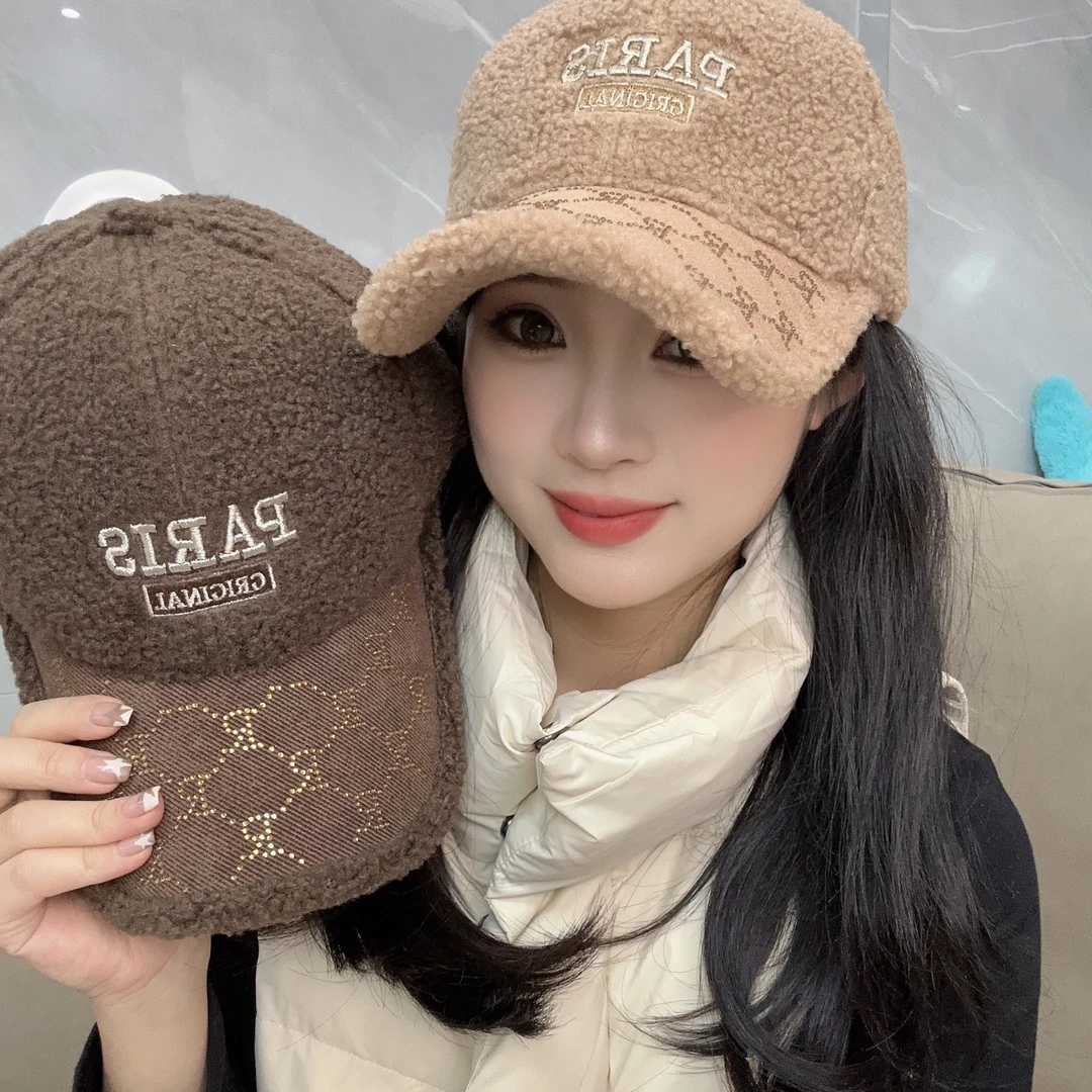 帽子网红时尚百搭加绒毛绒加厚保暖羊羔毛棒球帽显脸小拼接鸭舌帽