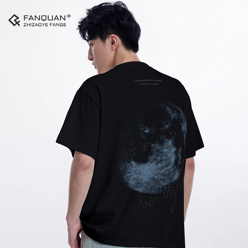 梵圈流浪月球潮牌美式轻奢高级半袖宽松印花圆领重磅短袖男式T恤