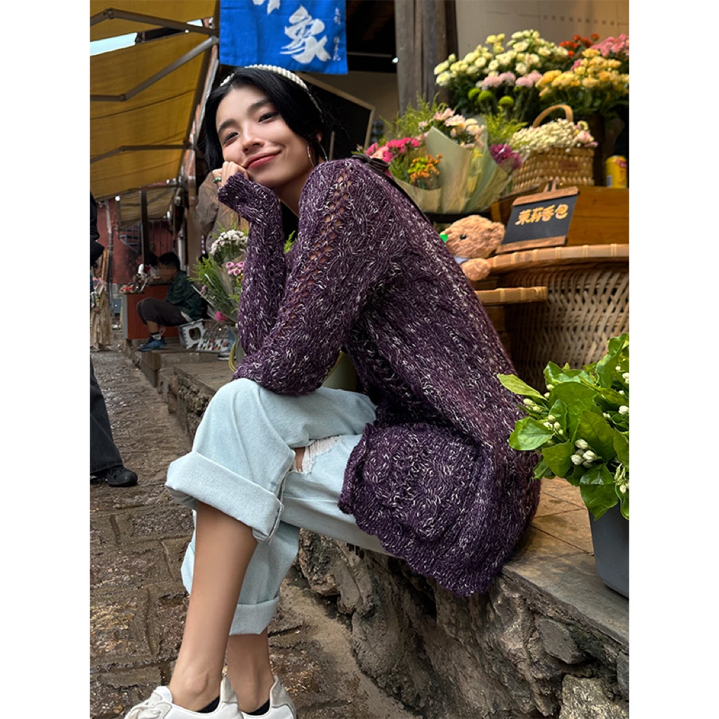 复古杂色针织开衫女2024新款秋季慵懒风宽松气质早秋V领长袖上衣