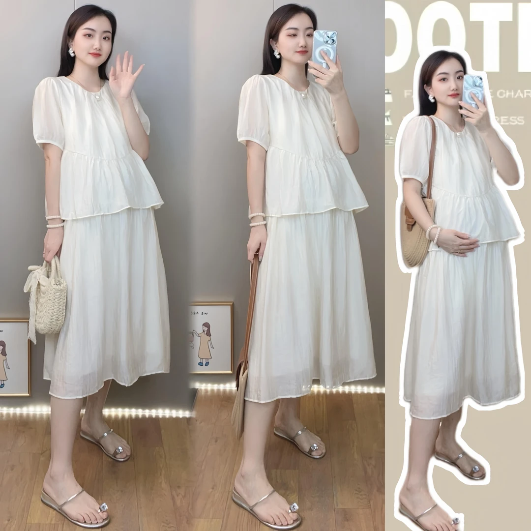 【橙子】孕妇装连衣裙套装夏季外出休闲短袖高级雪纺宽松裙夏天女
