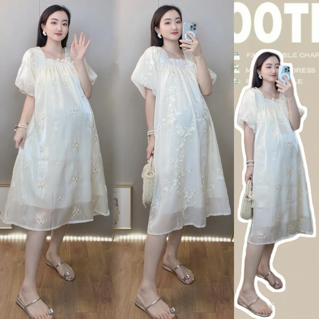 【橙子】孕妇装高级感连衣裙夏款气质法式灯笼袖裙子宽松A版时髦裙