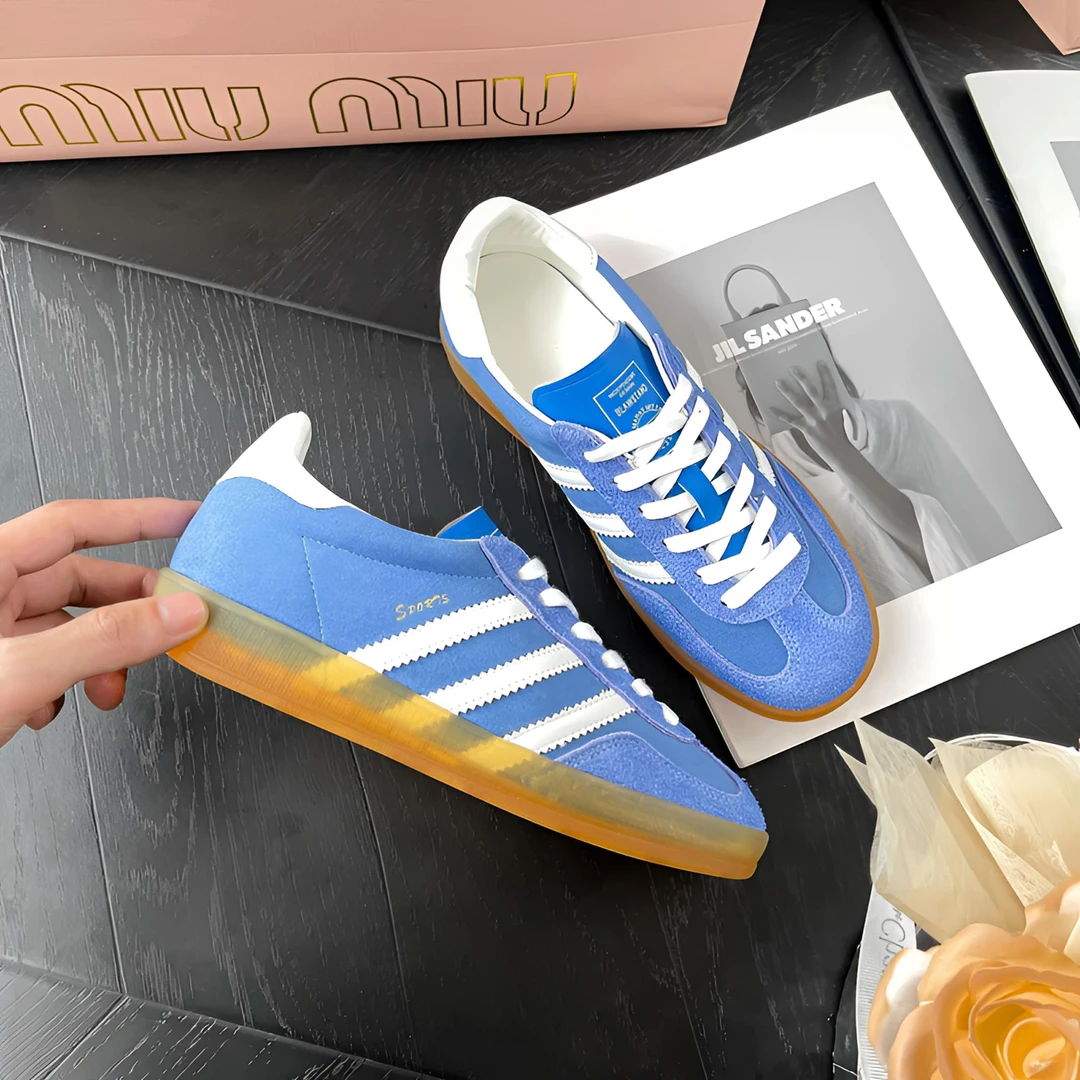 爆款蓝色德训鞋女款2024平底百搭运动休闲板鞋真皮阿甘鞋高能感