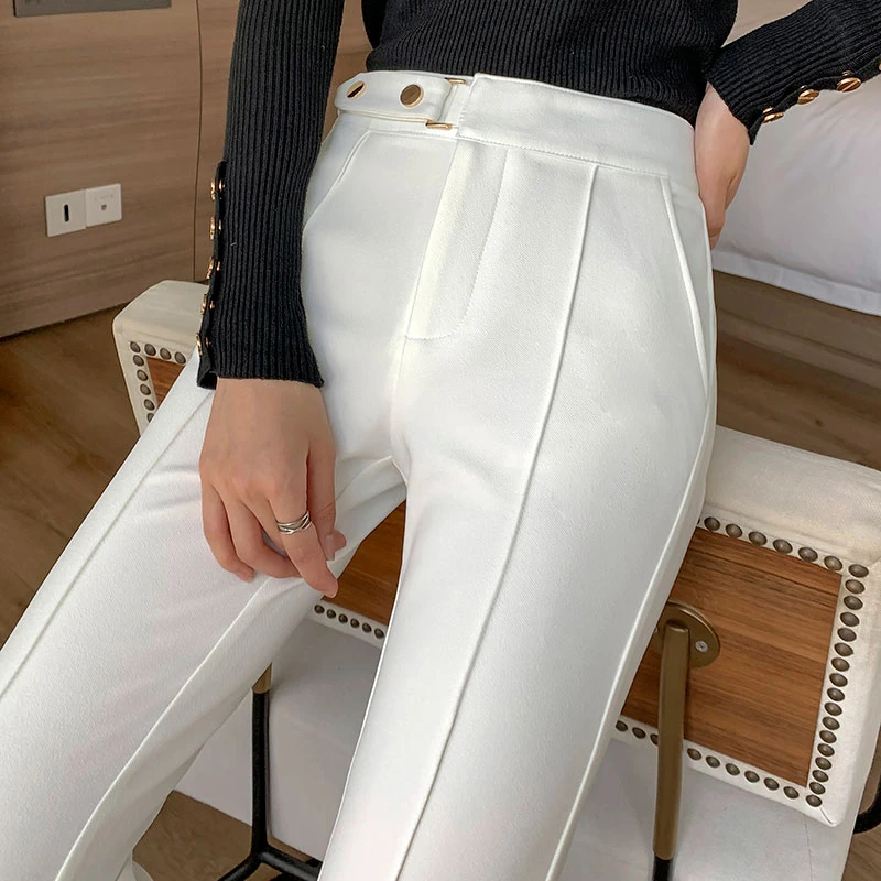 白色微喇裤女春季西装裤高腰垂感通勤拖地长裤弹力OY82028