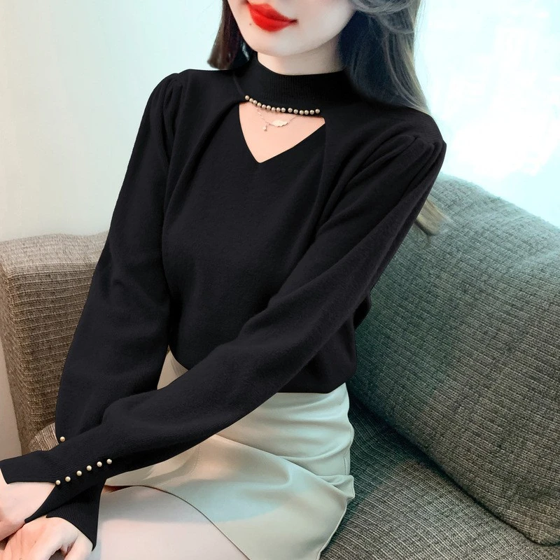 法式复古小香风设计感小心机镂空镶珠针织上衣泡泡袖修身针织衫女