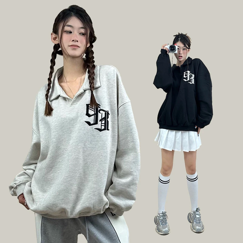 1993STUDIO 刘宪华同款美式复古小众2024秋冬新男女刺绣翻领卫衣