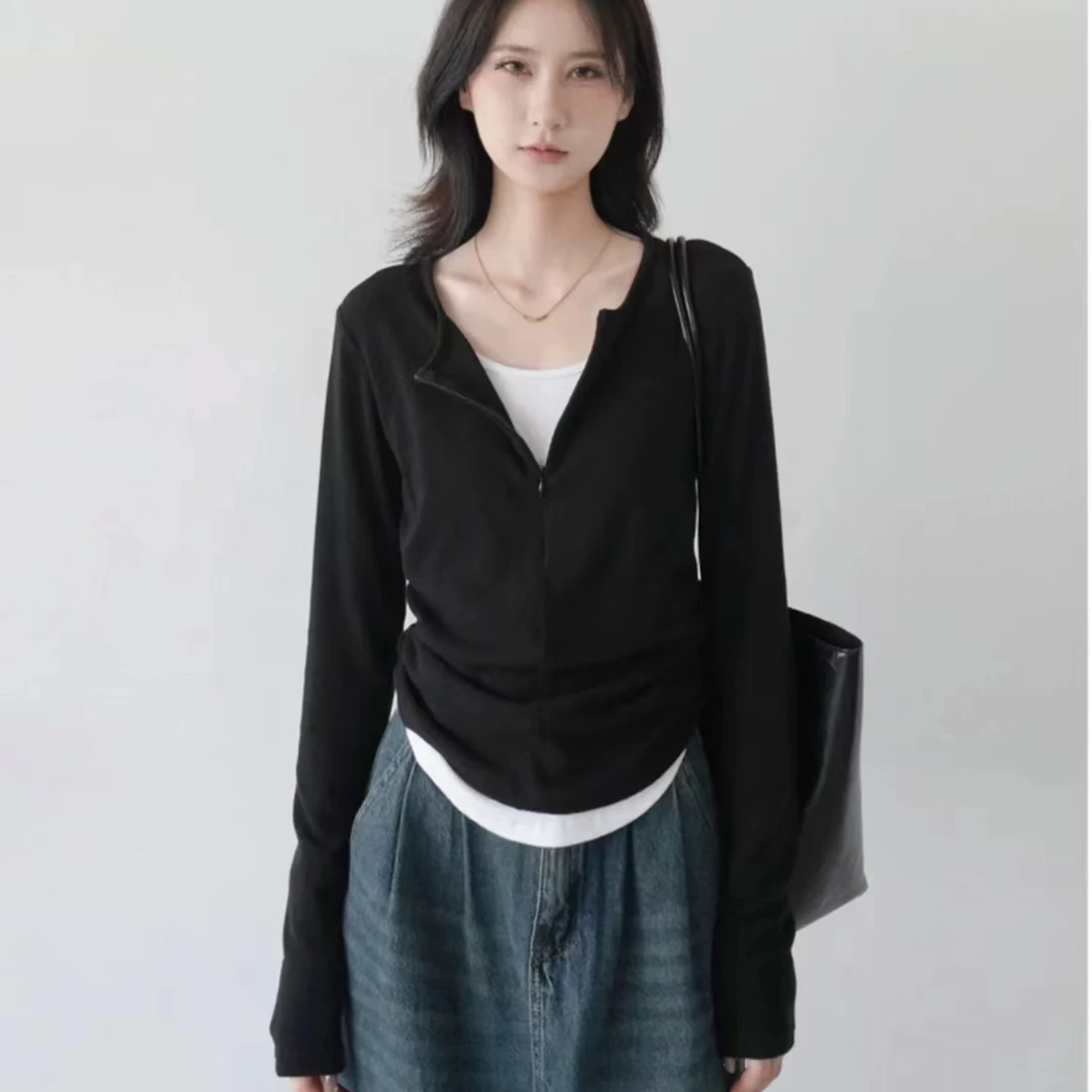 2025新款假两件休闲气质长袖设计感t恤上衣时尚百搭纯色打底衫女