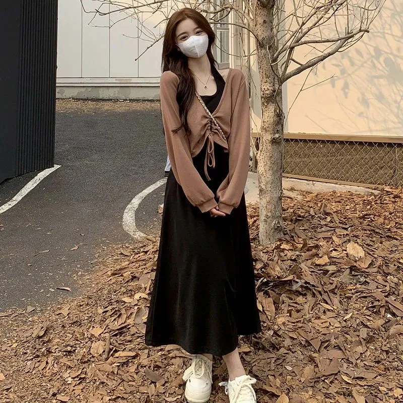 秋季新款套装法式胖mm减龄外套收腰宽松显瘦抽绳挂脖气质时尚长裙