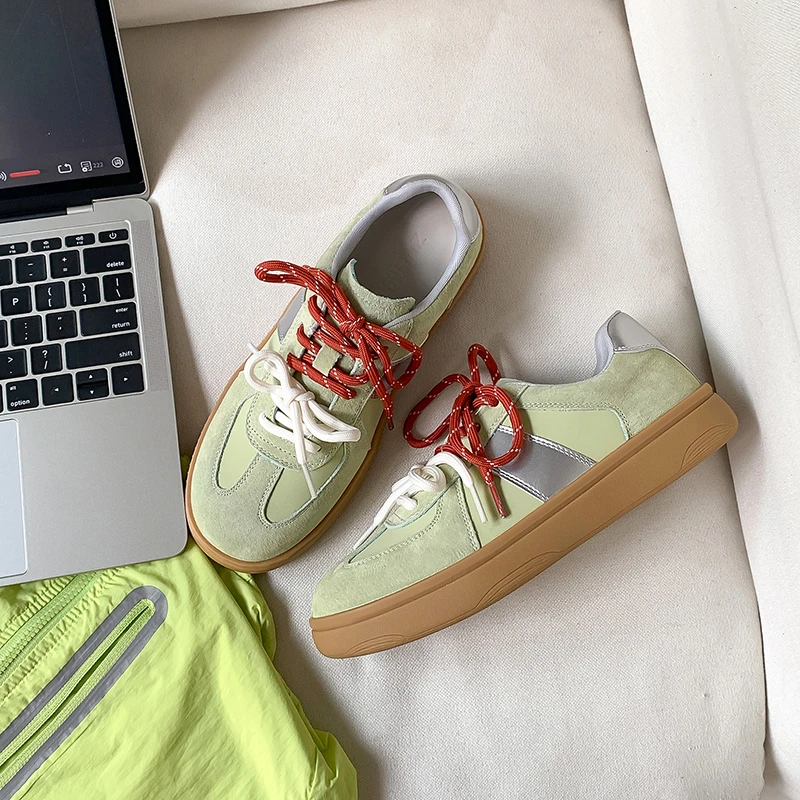 复古德训鞋双系带真皮板鞋女拼色内增高休闲鞋时尚透气潮流运动鞋