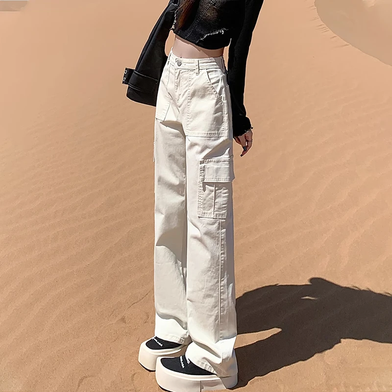 米杏色窄版阔腿牛仔裤女2025春秋美式休闲裤高腰宽松设计感工装裤