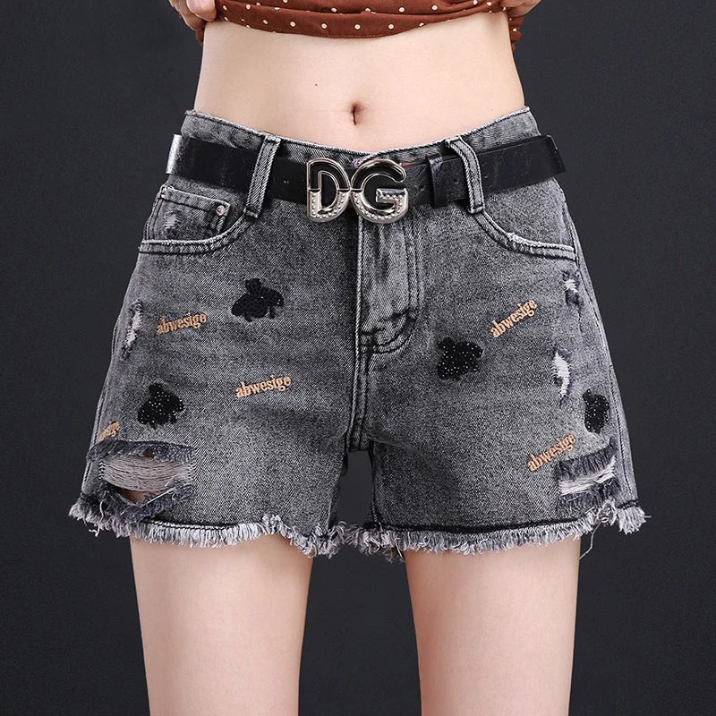 破洞大码牛仔短裤女2025年新款宽松显瘦字母刺绣网红外穿热裤