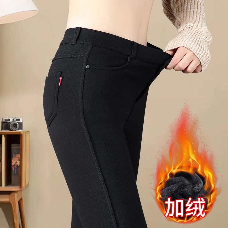 黑色裤子女小个子八分加绒打底裤女外穿秋冬季高腰九分小脚铅笔裤