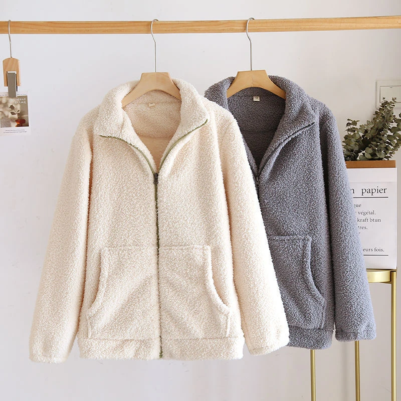 拉链睡衣上衣单件女加绒法兰绒可外穿加绒珊瑚绒家居服秋冬季外套