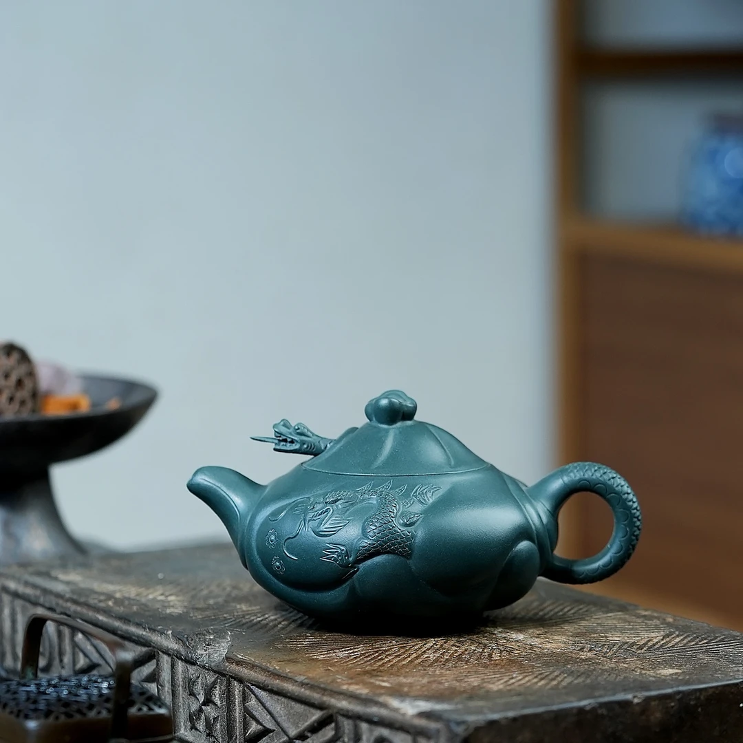 【半手工】高工李美玲 鱼化龙 墨绿泥 430CC 紫砂壶 手工