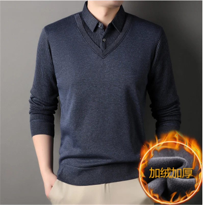 【小胖墩推荐】时尚假两件男士长袖加绒保暖男翻领针织上衣