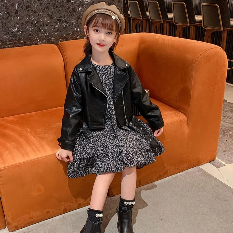 女童皮衣套装裙2023新款春秋装宝宝机车服洋气儿童外套女孩连衣裙