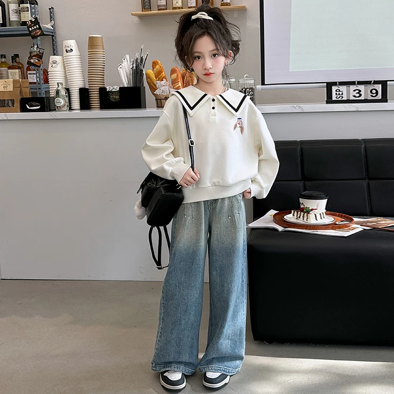 女童春秋套装2024新款女大童洋气童装海军领卫衣阔腿裤儿童两件套