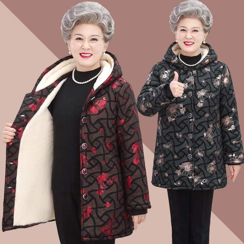 奶奶冬装棉衣加绒加厚连帽外套中老年人衣服女妈妈装冬季保暖棉袄