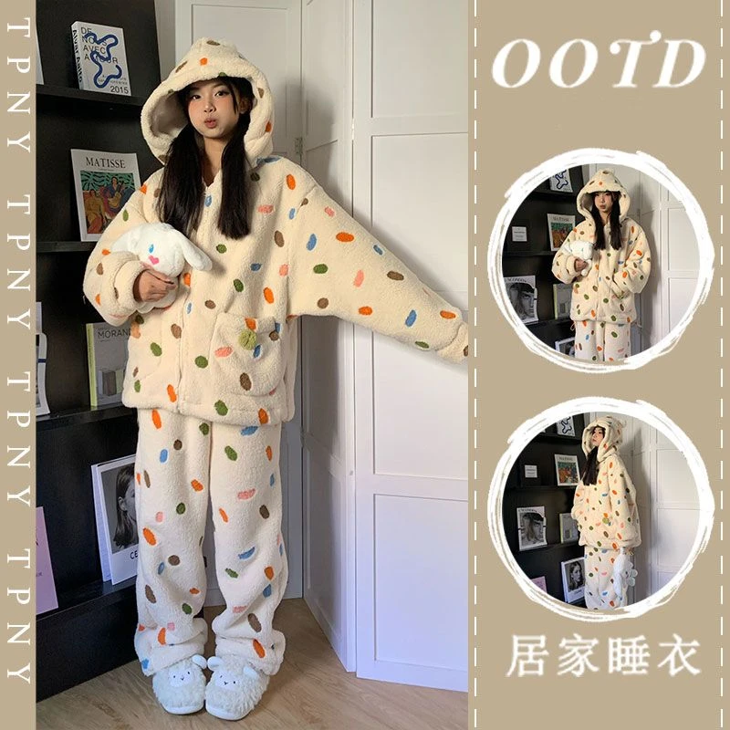 连帽ins风少女彩色圆点加厚加绒珊瑚绒睡衣女秋冬季新款家居套装