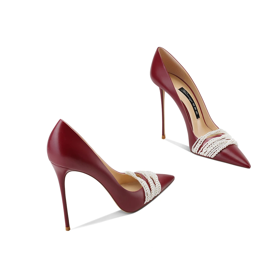 婚宴绝美酒红色小众珍珠2025秋新款单鞋尖头特细跟浅口高跟鞋名媛