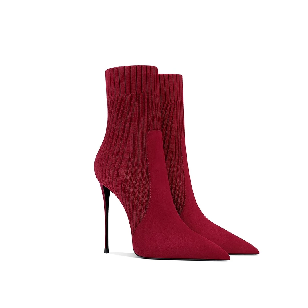 爆款中筒靴2025秋冬款小众细跟时尚洋气尖头针织小个子拼接靴子