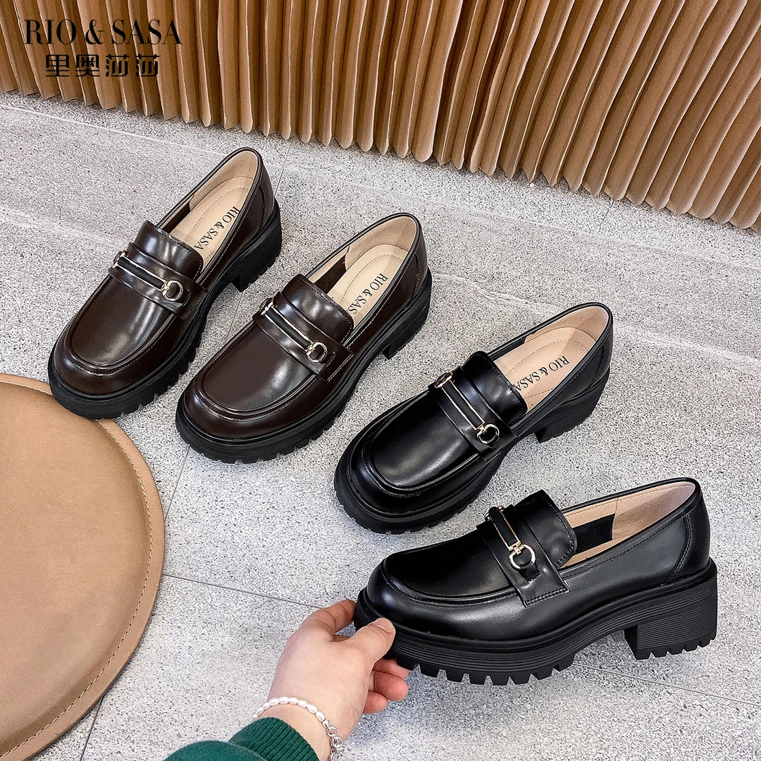 春季上新2025春真皮黑色时尚休闲软底时尚百搭圆头乐福鞋女24LF12