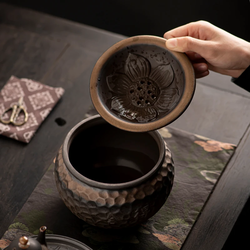 粗陶鎏金莲花建水中式铁锈釉锤纹茶渣缸废茶水桶家用粗陶茶道配件
