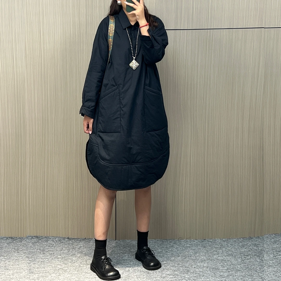 【小小杨女装】韩版秋冬中长款薄棉衬衫裙休闲气质百搭保暖棉服裙子