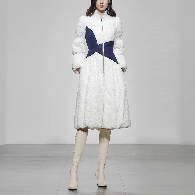 妮-冬装撞色收腰中长白鸭绒羽绒服白色加厚过膝外套潮HC29130