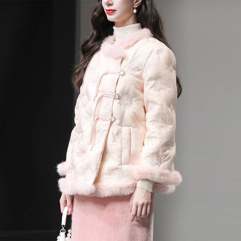 颖-冬季新中式毛毛装饰90白鸭绒外套+高腰毛呢半裙套装DC34481