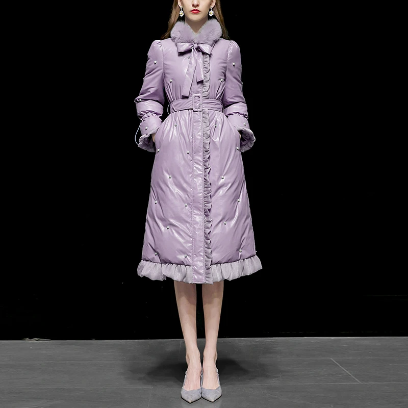 达菲时尚紫色毛领中长款白鸭绒羽绒服加厚DC21706J