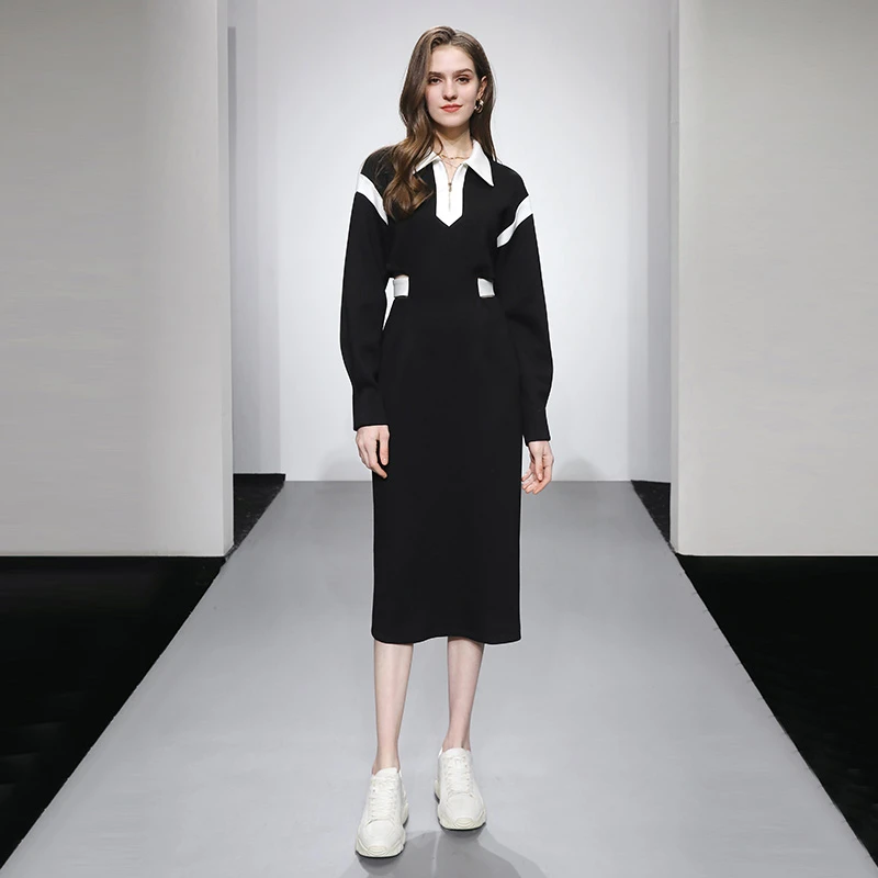 妮-达菲时尚休闲黑白撞色对称剪裁空气层连衣裙DC32531