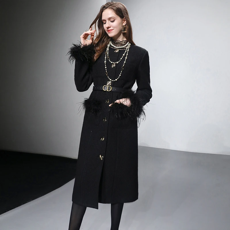 妮-达菲时尚可拆鸵鸟毛设计毛花呢大衣外套羽绒服QC32737-9