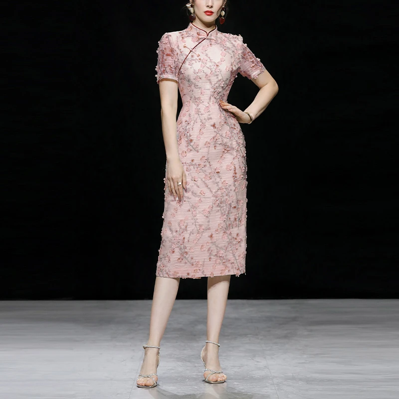女娲石-达菲时尚气质粉色花朵修身收腰连衣裙Q27832F国风