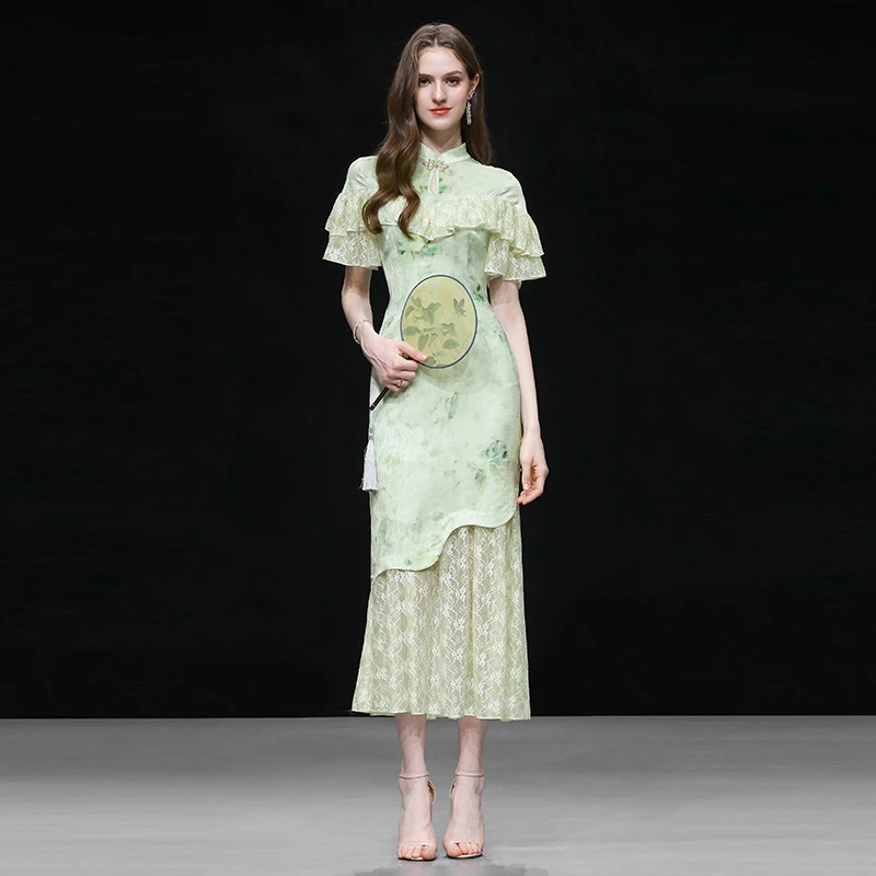 -新中式立领蕾丝荷叶拼接收腰鱼尾不规则连衣裙D33602