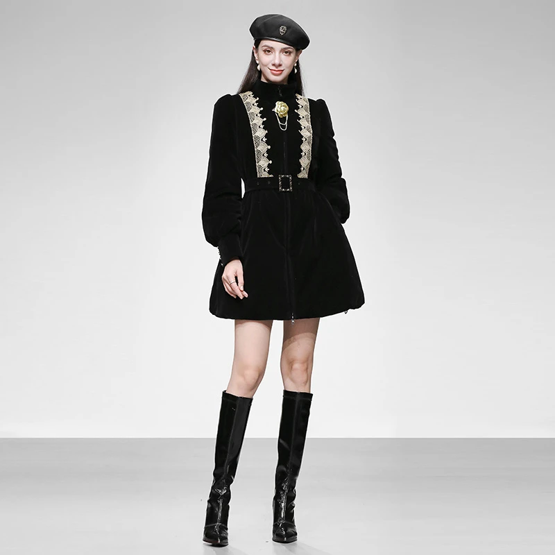 潮流-冬季新款千金风羽绒服收腰大摆90白鸭绒丝绒羽绒服HC34692