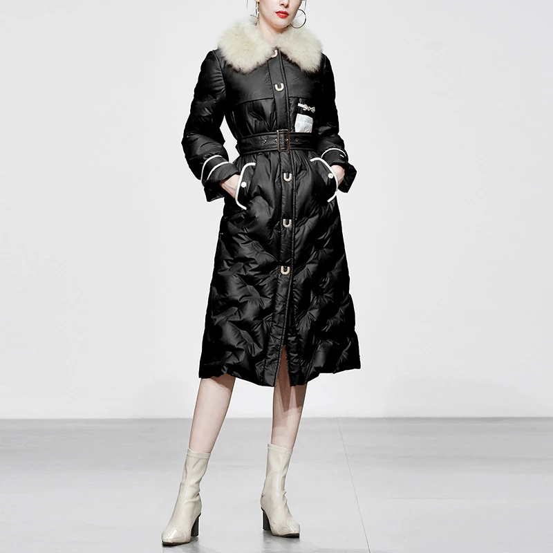 妮-冬通勤毛翻领宽松休闲中长款白鸭绒羽绒服DC25936F