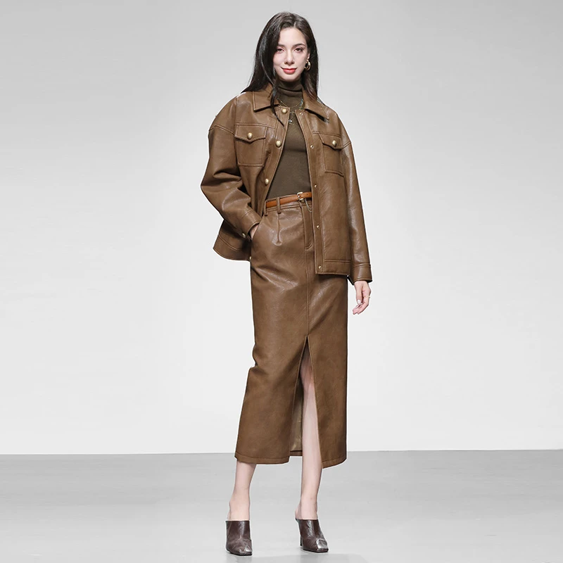 潮流-冬新款翻领工装风贴袋PU皮衣外套+高腰直筒皮裙套装DC34337